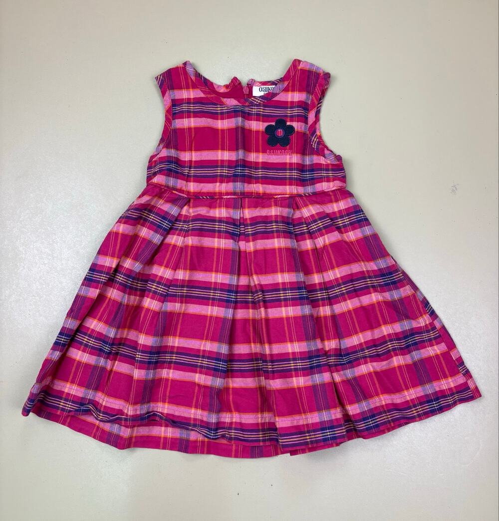 Vintage OshKosh Girls 4T Pink Plaid Dress Flower Applique Full Skirt